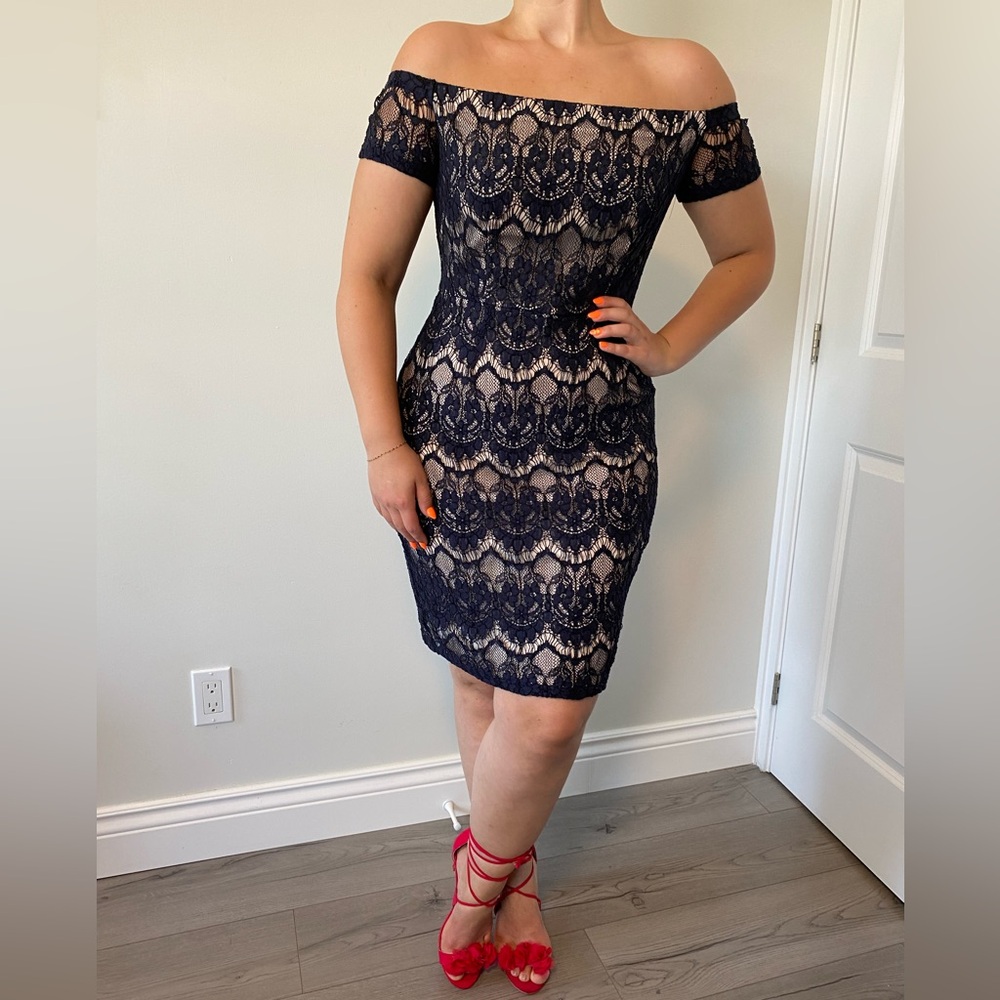Dorothy Perkins Elegant Navy Lace Off-Shoulder Dress Size 8